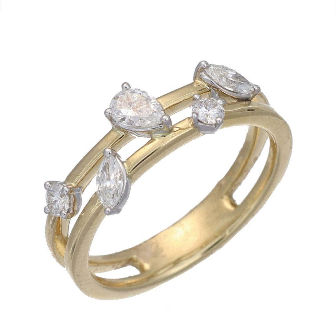 a mix of shaped diamonds in a yellow gold band to create a striking statement ring