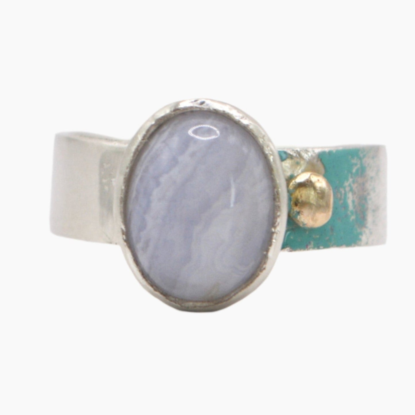 blue lace agate stone ring with enamel
