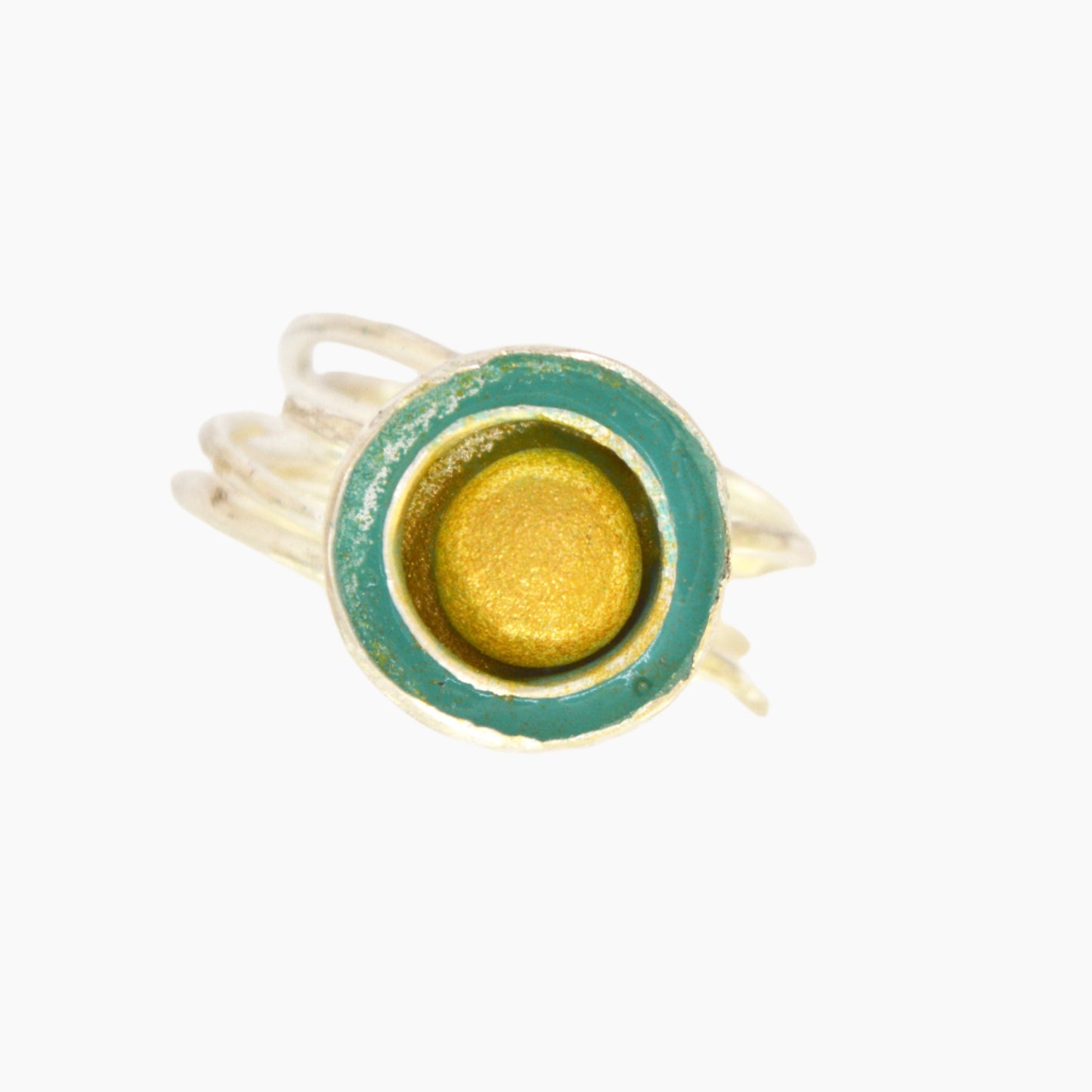 nature inspired ring with green and gold enamel