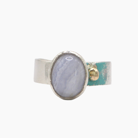 blue lace agate stone ring with enamel